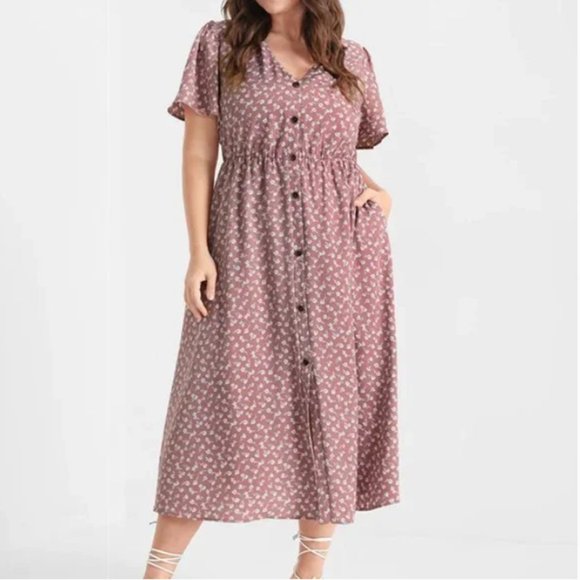BloomChic Dresses & Skirts - BloomChic Floral Midi Button Dress in Dusty Rose